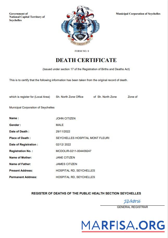 Printable Seychelles vital record death certificate Word and PDF template